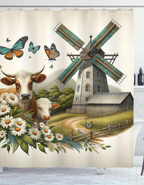 Load image into Gallery viewer, Farmhouse Shower Curtain, Windmill Barn Cottage Cows Butterflies and Daisies Countryside View,  69" W x 70" L, Green Turquoise Cinnamon
