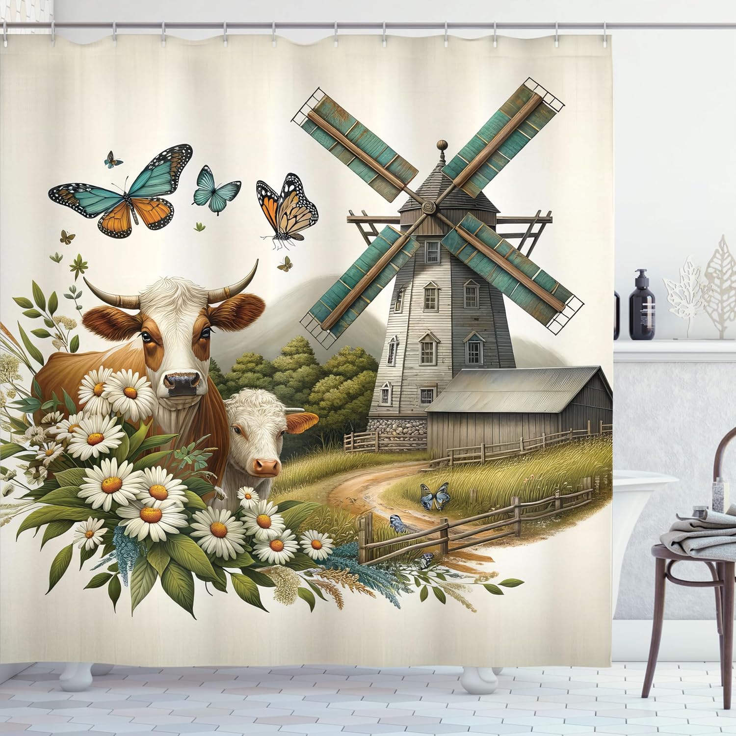 Farmhouse Shower Curtain, Windmill Barn Cottage Cows Butterflies and Daisies Countryside View,  69" W x 70" L, Green Turquoise Cinnamon