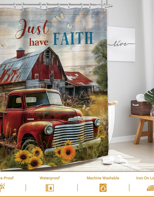 Load image into Gallery viewer, Rustic Farmhouse Shower Curtain 60Wx72L Inches Retro Red Truck Positive Quote Vintage Sunflowers
