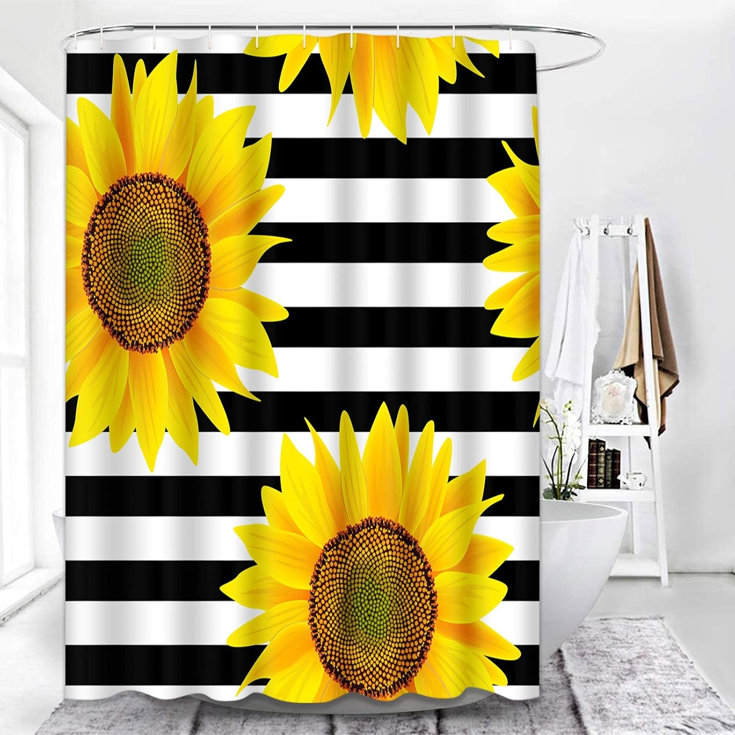 Shower Curtain Waterproof Home Decor Brown Bright Sunflowers Striped Black and White Pattern,66 x 72 inches