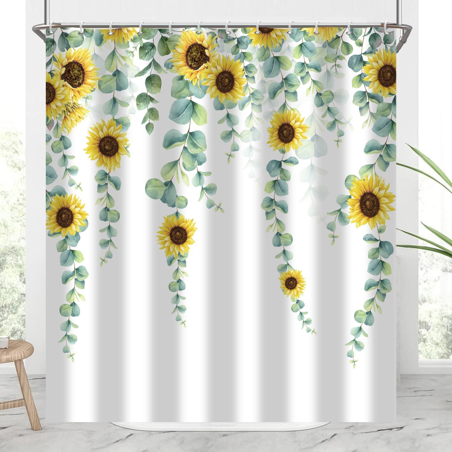 Eucalyptus Sunflower Shower Curtain Sage Green Spring Watercolor Leaves Farmhouse Decor, 72"x72"