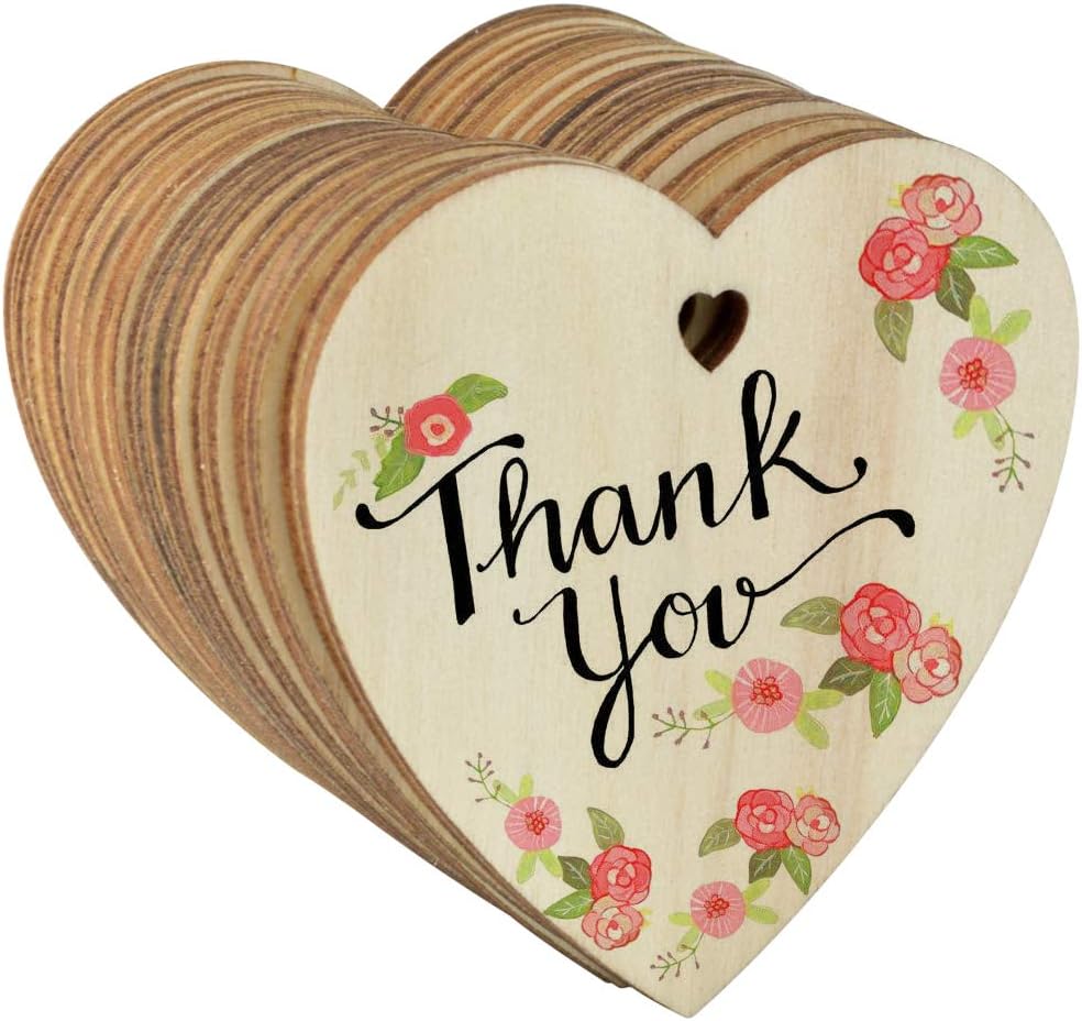 50 Pieces 3" Natural Heart Wood Slices, DIY Wooden Ornaments Unfinished Predrilled Wooden Heart Embellishments with Natural Twine