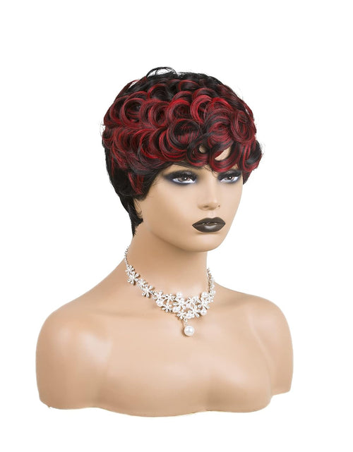 Load image into Gallery viewer, Short Cut Wig Black Mixed With Red Curly Wigs Natural Black Mixed Red
