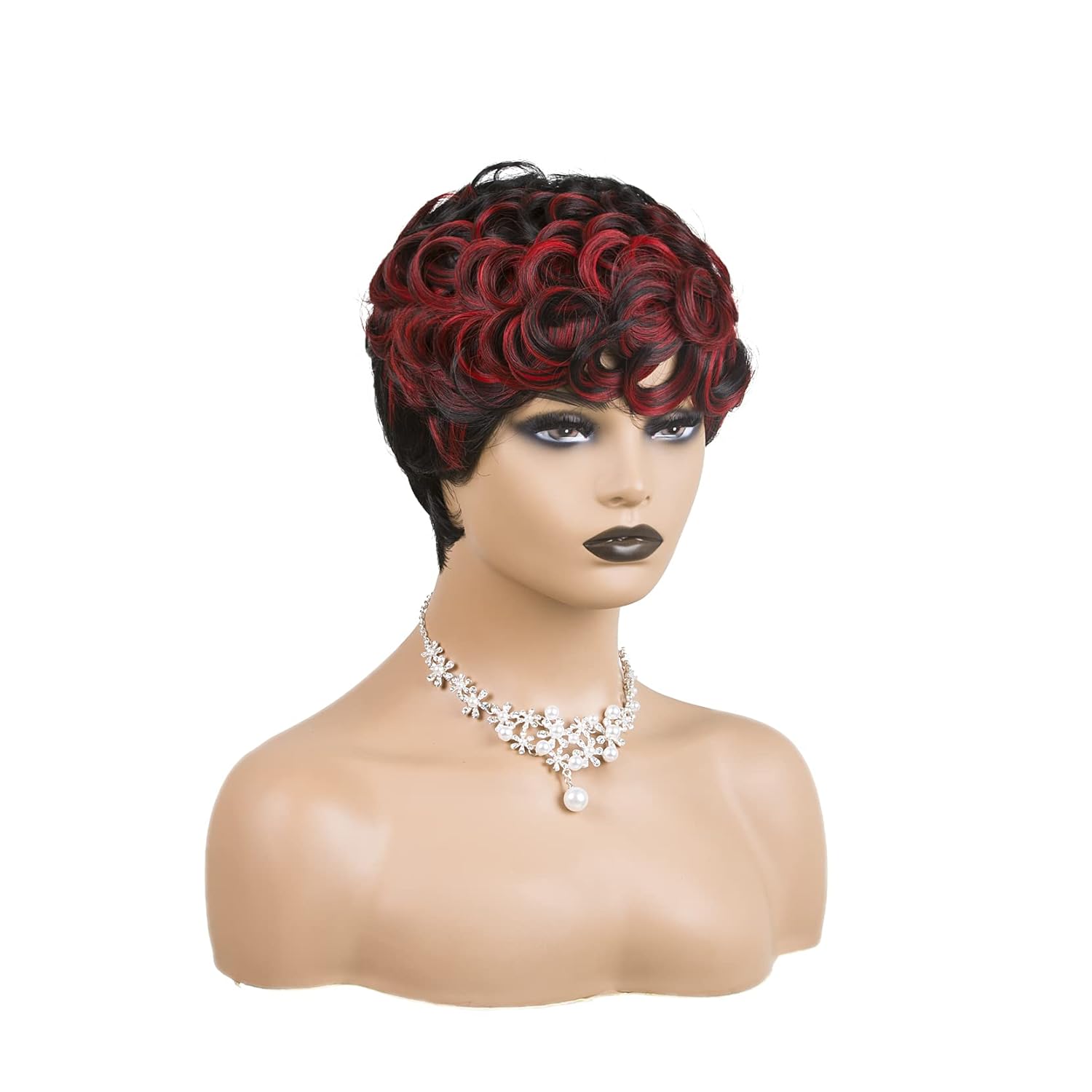 Short Cut Wig Black Mixed With Red Curly Wigs Natural Black Mixed Red
