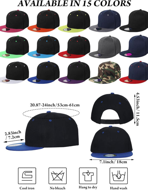 Load image into Gallery viewer, 15 Pack Snapback Hats for Men Hip Hop Style Hats Solid Baseball Hats Adjustable Snapback Cap Flat Brim Baseball Caps (Mixed)
