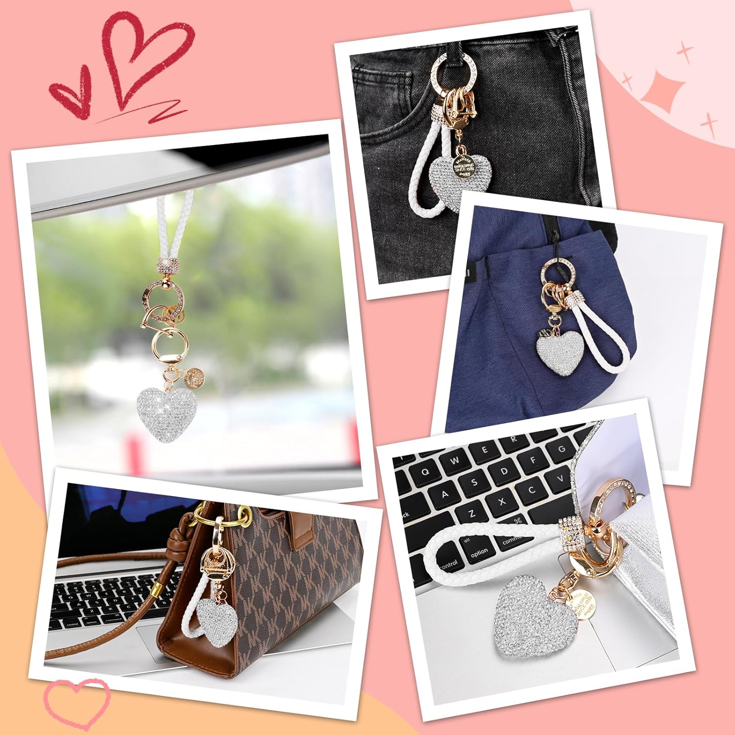 Car Keychain for Women with Rhinestone Heart Shape Bling Girl Cute Keychain, White
