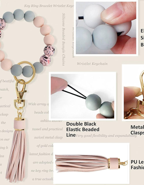Load image into Gallery viewer, Keychain Bracelet Silicone Key Ring Wristlet with Leather Tassel Wrist Key Ring Bangle Silicone Bead, Light Pink

