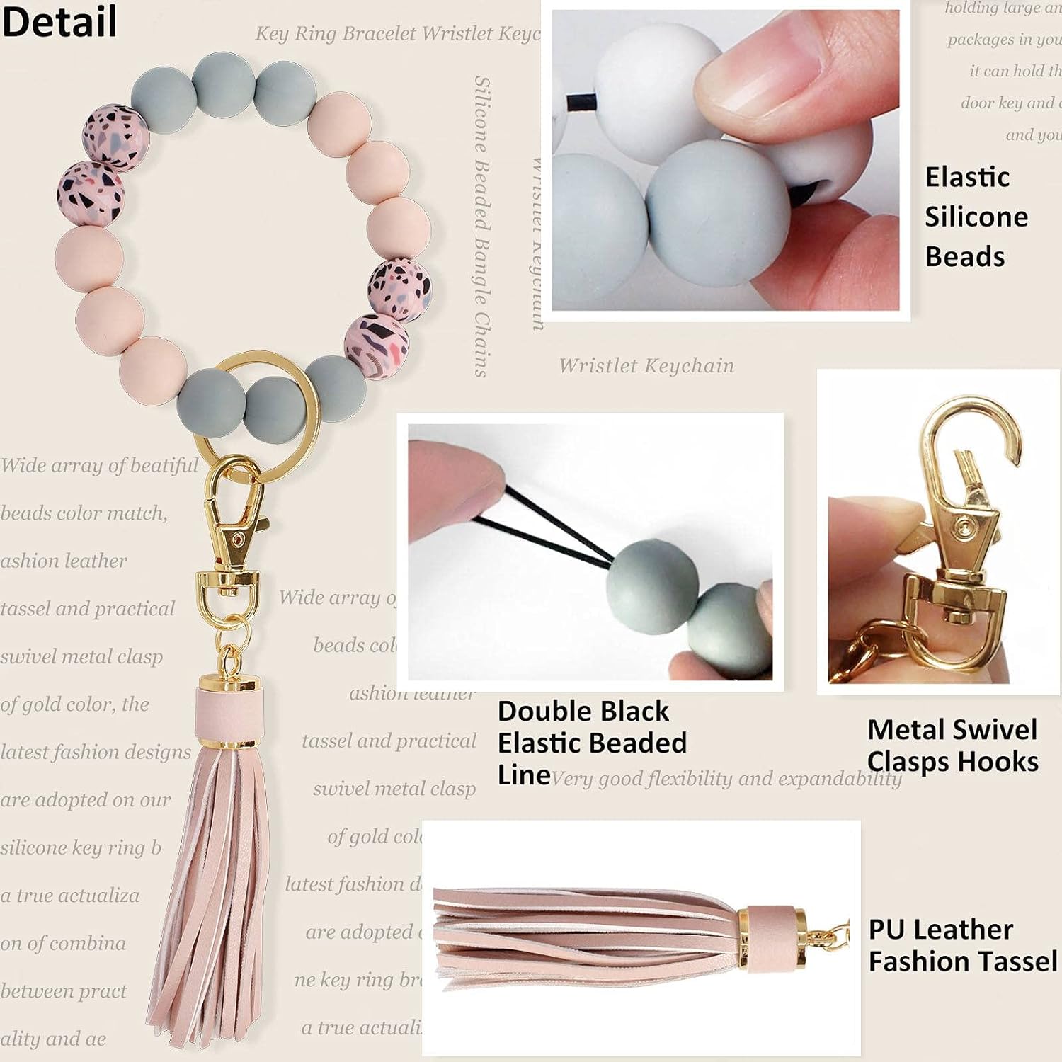 Keychain Bracelet Silicone Key Ring Wristlet with Leather Tassel Wrist Key Ring Bangle Silicone Bead, Light Pink