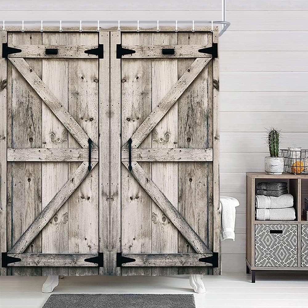 Rustic Wooden Vintage Farmhouse Wooden Country Barn Door Shower Curtain,  60X70in