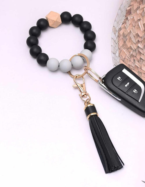 Load image into Gallery viewer, Silicone Beaded Bracelet Keychain Wristlet Key Ring Bangle Chains for Women with Leather Tassel, Black
