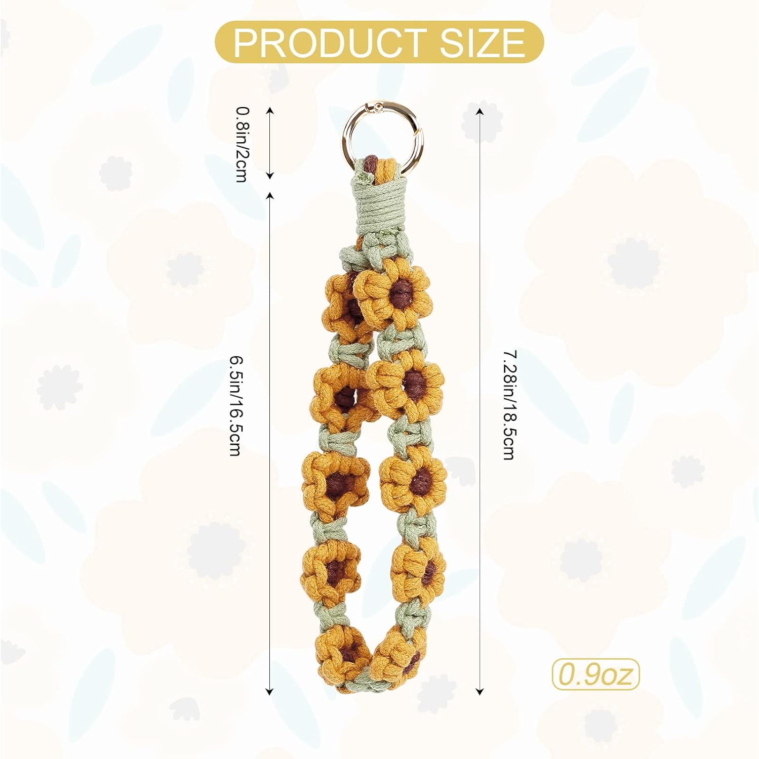 Boho Macrame Keychain Wristlet Keychain Weave Exquisite Keyring Holder Bracelet Handmade, Yellow Flower