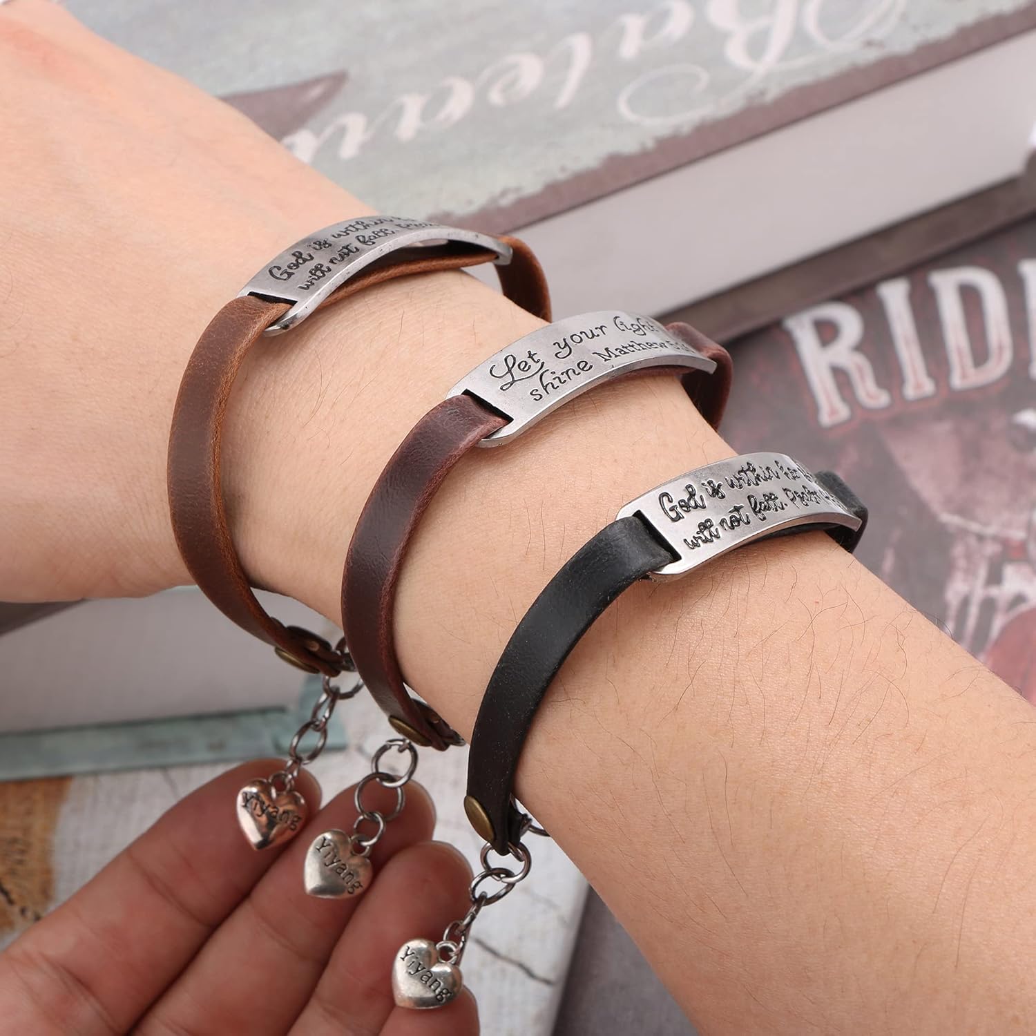 Leather Bracelet for Women Teens Christian Engraved Ornament Jewelry Gift Inspirational Vintage Stretch