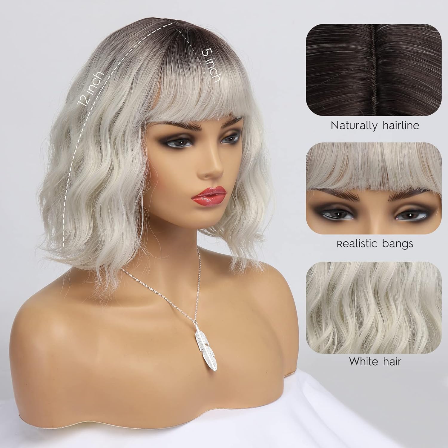 Short White Silver Wigs for Women Ombre Grey Wavy Bob Wig with Bangs Medium Length Synthetic Hair, 12 inches, Ombre Silver