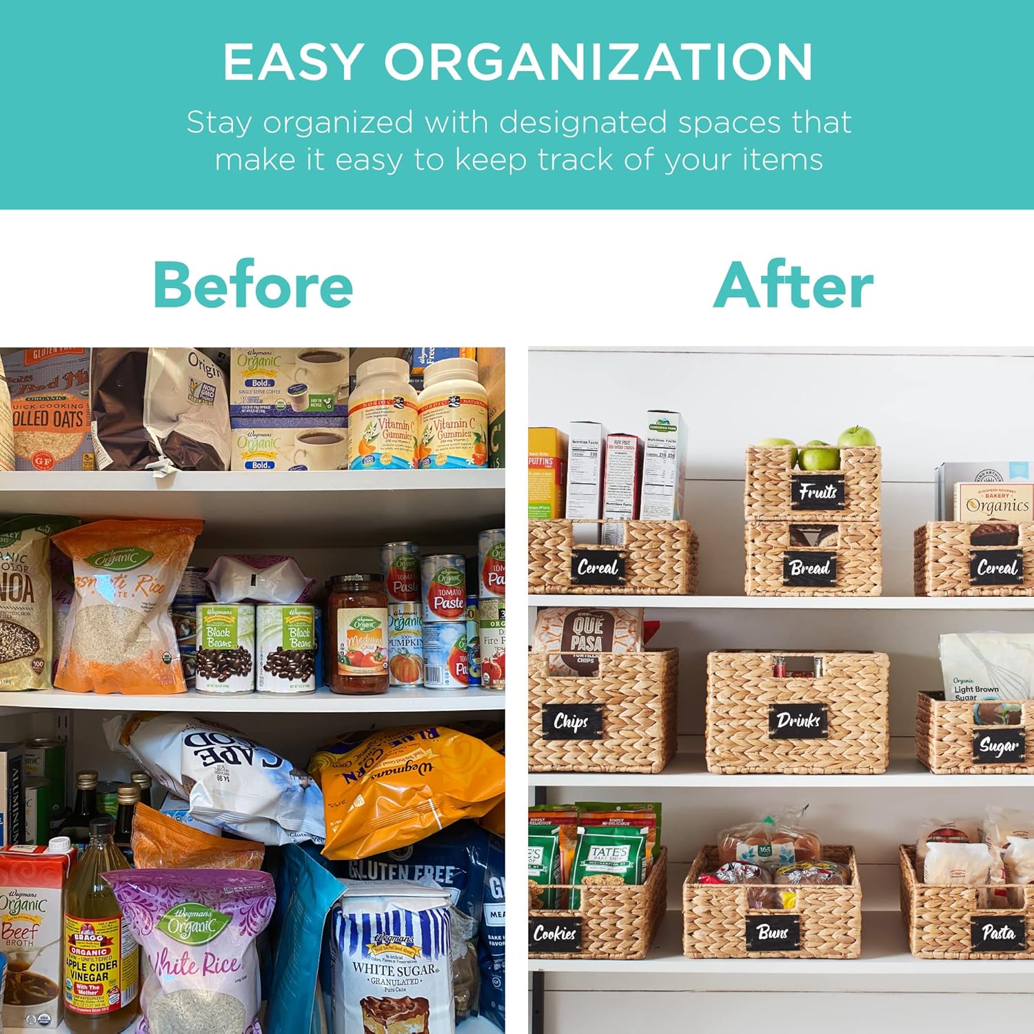 Set of 4 9x12in Water Hyacinth Pantry Baskets, Woven Kitchen Organizers w/Chalkboard Label, Chalk Marker - Natural