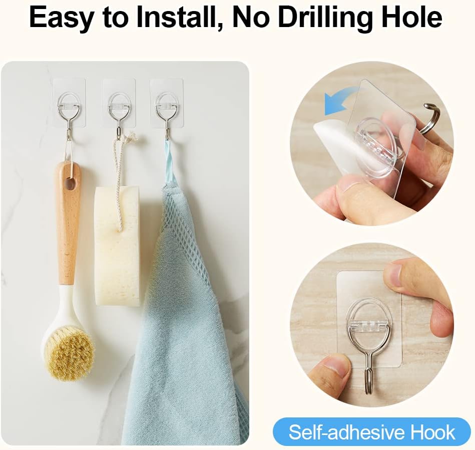 8PCS Adhesive Wall Hooks Sticky Hooks - Hanging Up to 11Lbs (5Kg), Small Stick on Hooks, Self Adhesive 204 Stainless Steel Hooks (Clear)