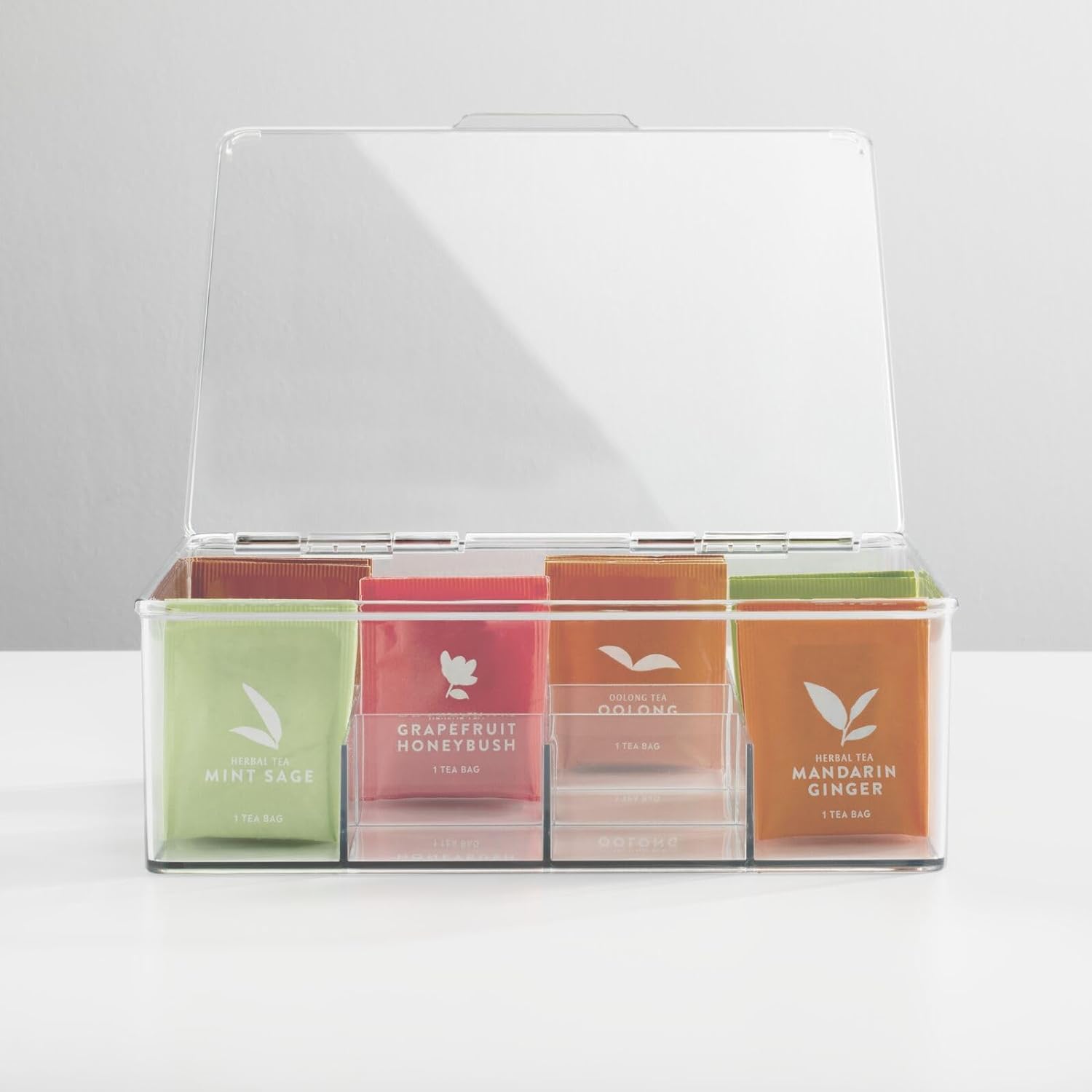 2 Pack Plastic Stackable Tea Bag Storage Bin Organizer Box Holder with Lid for Kitchen Cabinets