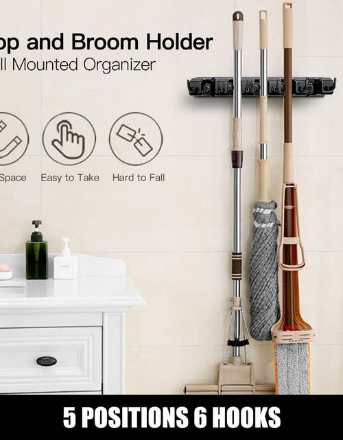 Load image into Gallery viewer, 2 Pack Mop and Broom Holder, Wall Mounted Organizer Mop and Broom Storage Tool Rack with 5 Ball Slots and 6 Hooks (Black)
