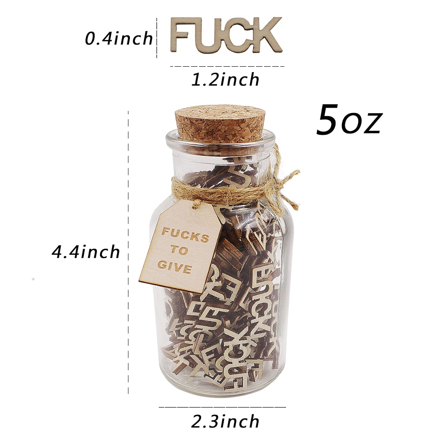 Jar of Fucks (5oz) - Gift Jar, Wooden Cutout Letter Piece, Bad Mood Vent, Spoof Birthday, Holiday Gift to Friend - Funny Gift for Valentine's Day