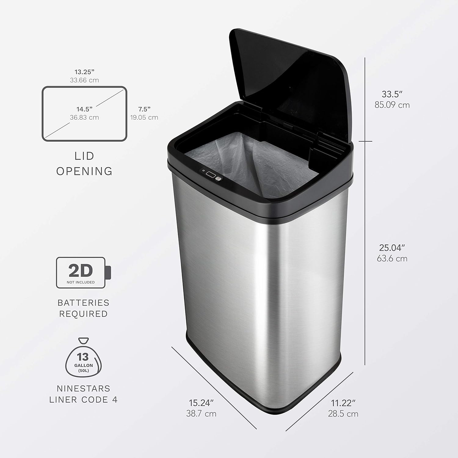 Automatic Touchless Motion Sensor Rectangular Trash Can, 13 Gal, Black Trim