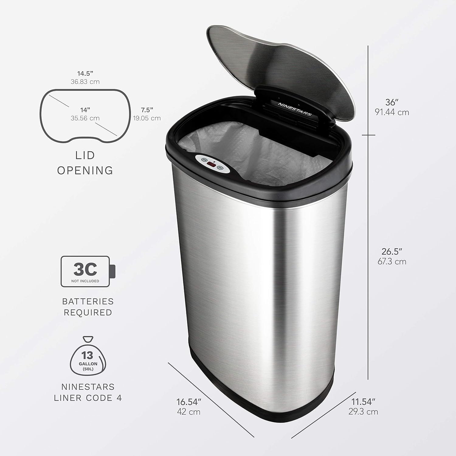 Automatic Touchless Motion Sensor Oval Trash Can with Black Top, 13 gallon/50 L, Stainless Steel