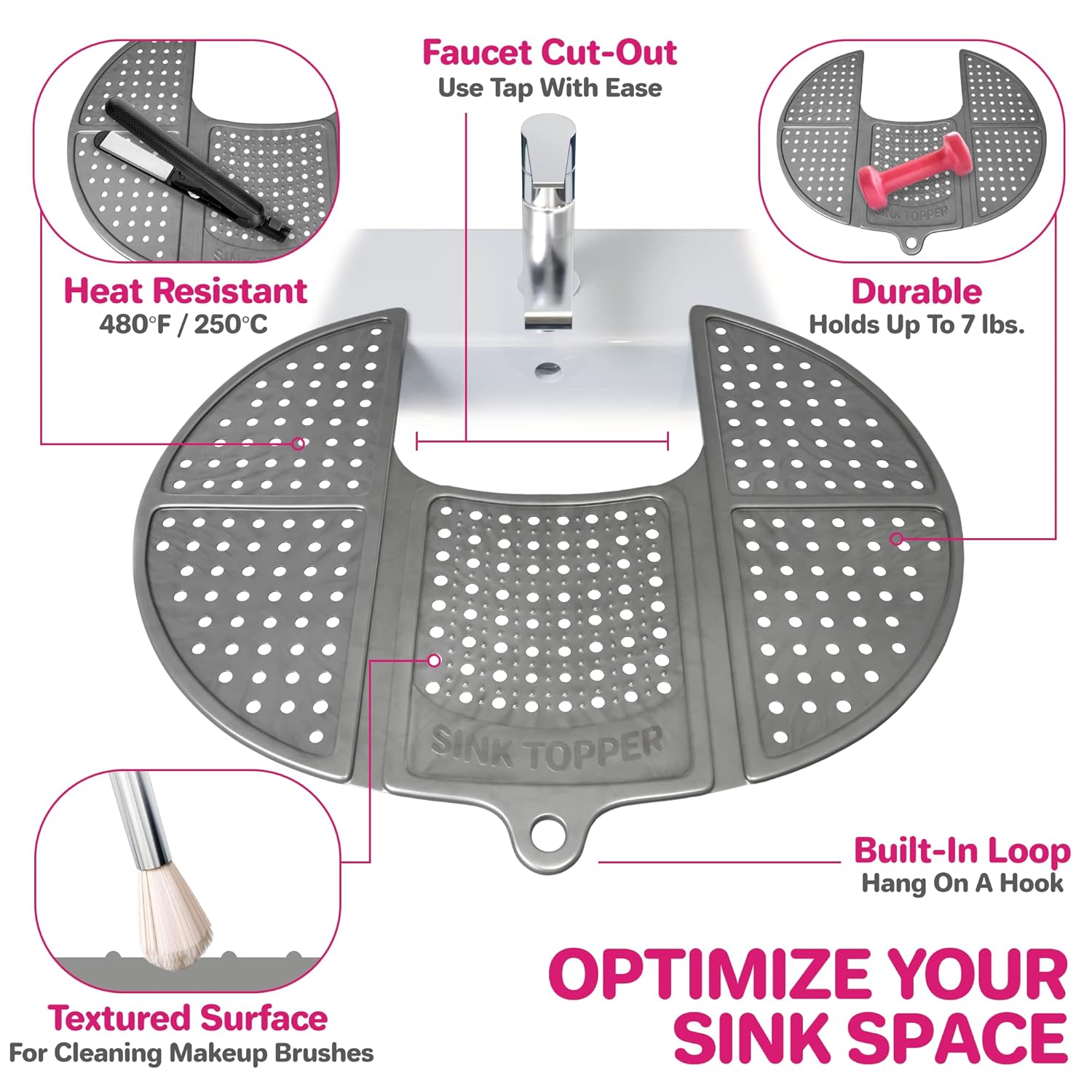 Sink Topper Foldable Sink Cover - Silicone Beauty Makeup Brush Cleaning Mat Hot Tools Organizer,  Standard, Silver