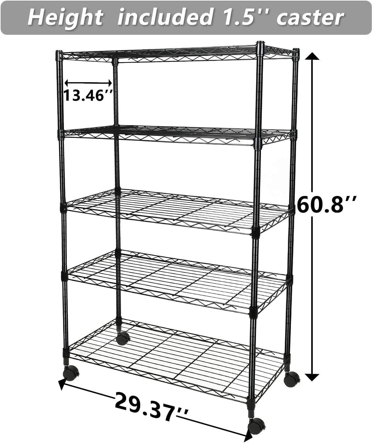 5-Shelf Shelving Unit 1250Lb Capacity, 29.92" D x 13.98" W x 62.99" H, 5 Tier, Black