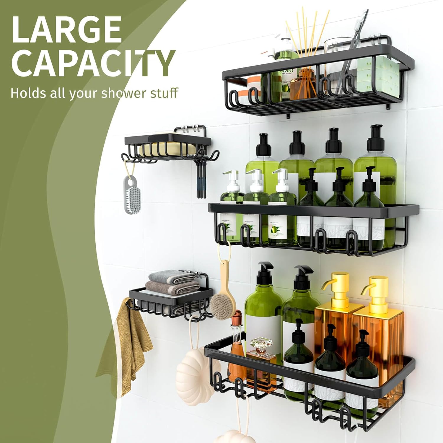 Shower Caddy, Shower Organizer [5-Pack], Adhesive Shower Shelves, No Drilling, Large Capacity Shower Rack