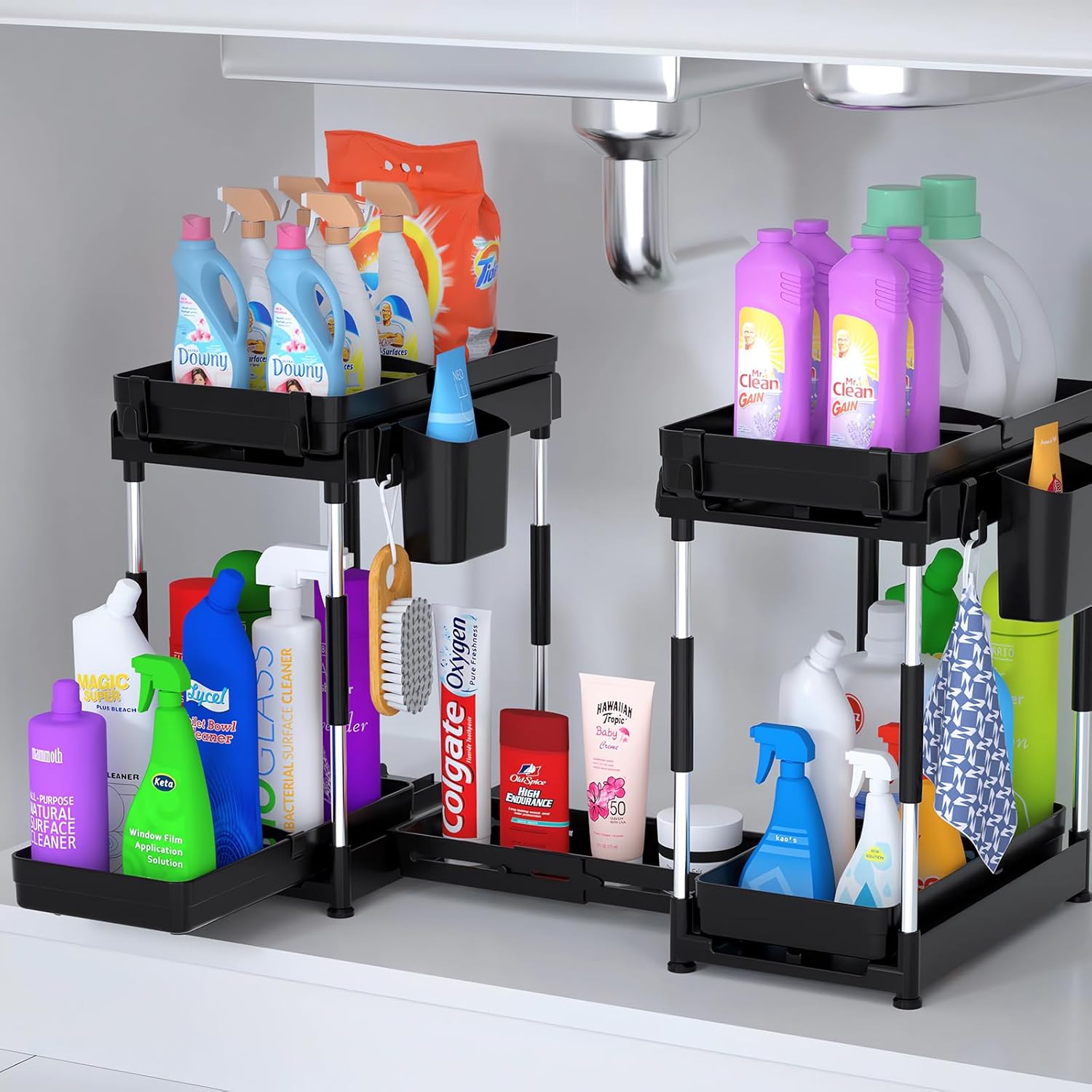 Double Sliding Under Sink Organizers and Storage - Adjustable 2 Tier Pull Out Under Cabinet Organizer, 2 Pack