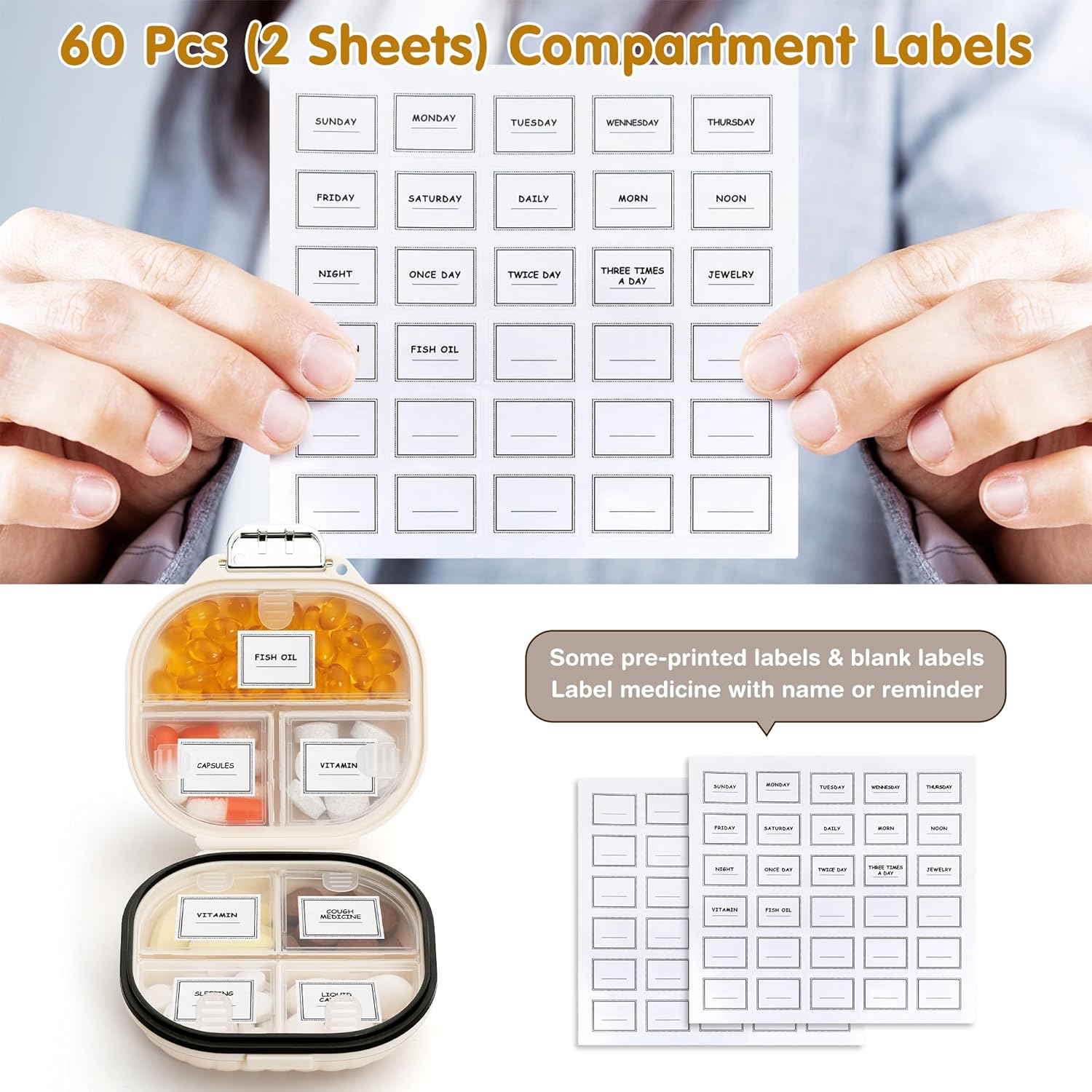 Pill Case Portable Small Weekly Travel Pill Organizer, Cute Moisture Proof Pill Box Holder, Beige/Small