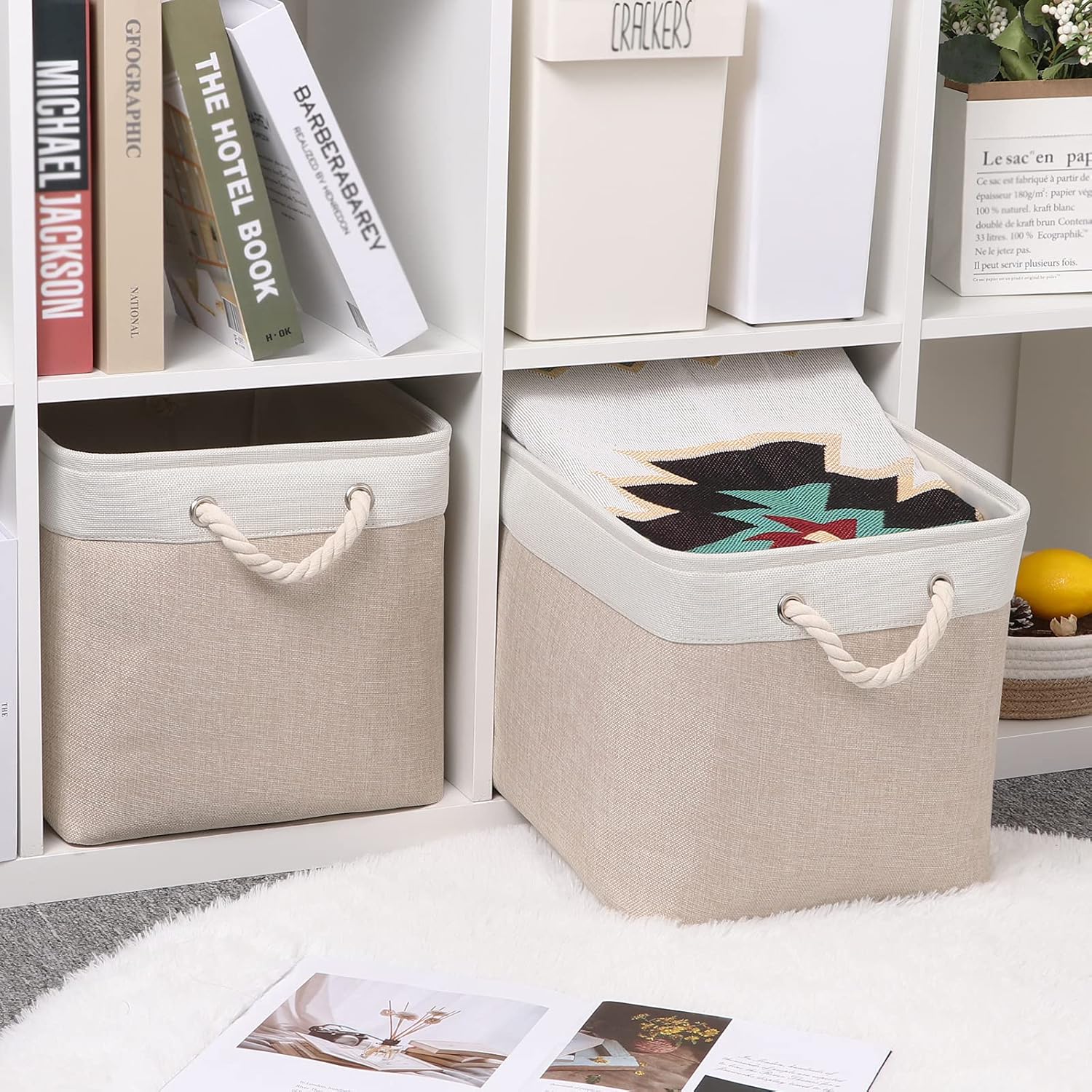 Beige Storage Basket Large Fabric Cloth Baskets [2-Pack] Tall Rectangular Shelf Baskets 16X11.8X11.8 in Canvas Collapsible Storage Bins