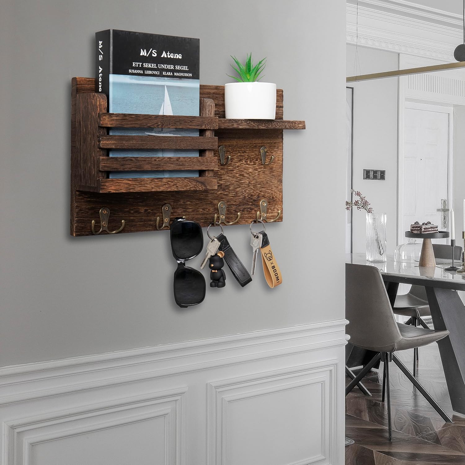 Key Holder for Wall Decorative Wooden Mail Organizer 4 Double Hook Hangers 2 Single Hooks with Floating Shelf