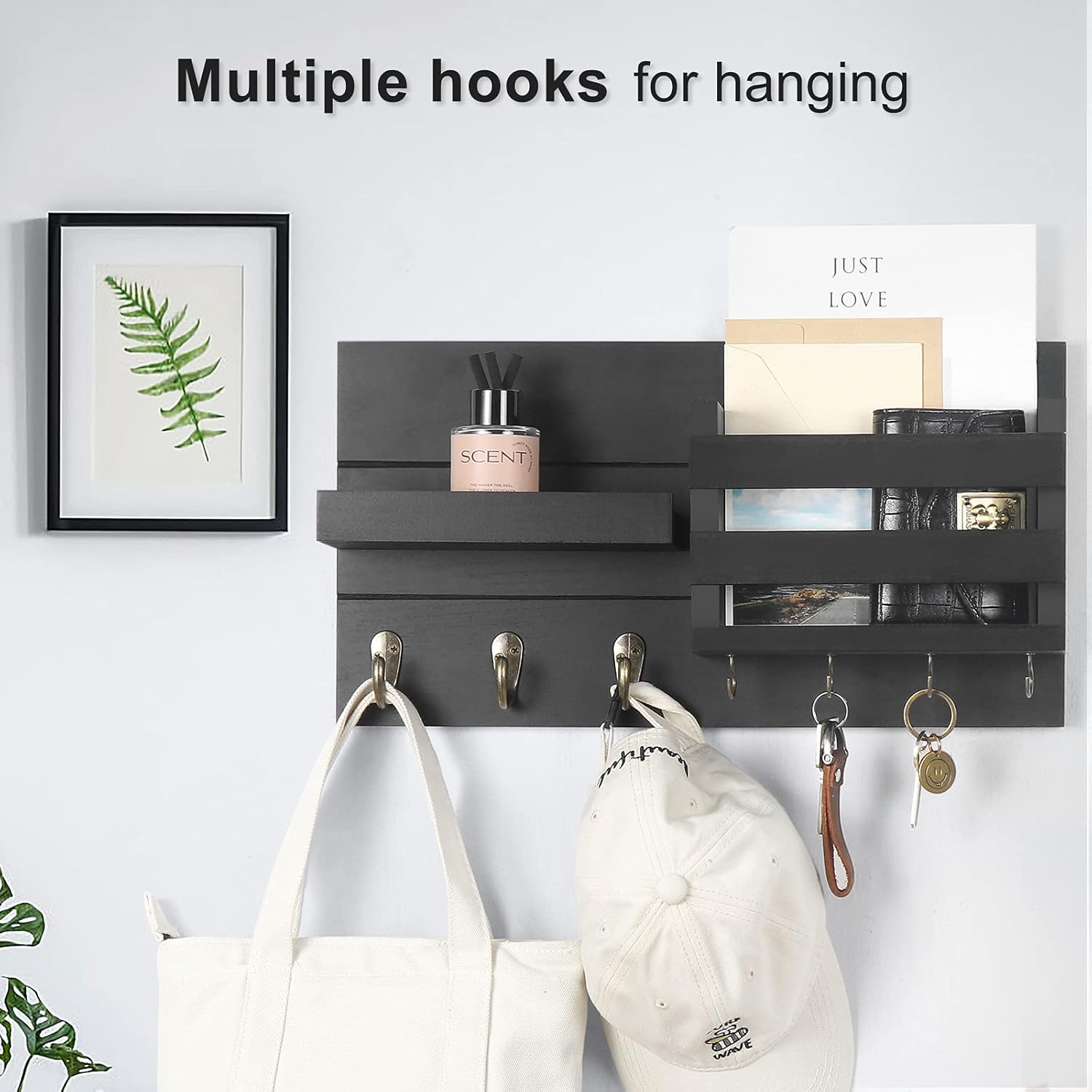 Mail Organizer for Wall Mount – Key Holder with Shelf includes Letter Holder and Hooks with Flush Mounting Hardware (16.5” x 8.7” x 3.5”) Black