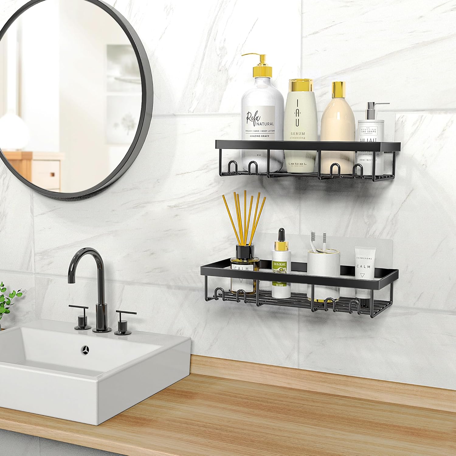 Shower Caddy Shelf Organizer Rack, Self Adhesive Black Bathroom Shelves Basket, Black