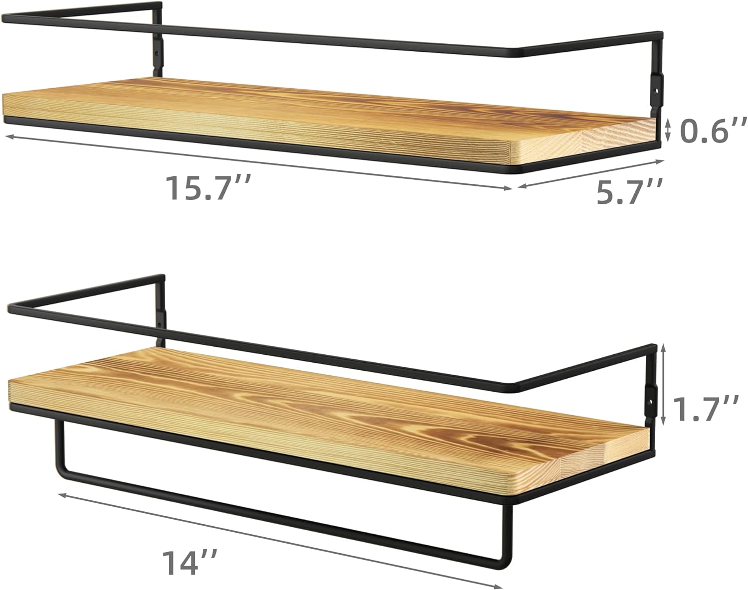 Floating Shelves for Wall Set of 2, Wall Mounted Storage Shelves with Metal Frame and Towel Rack (Wood)