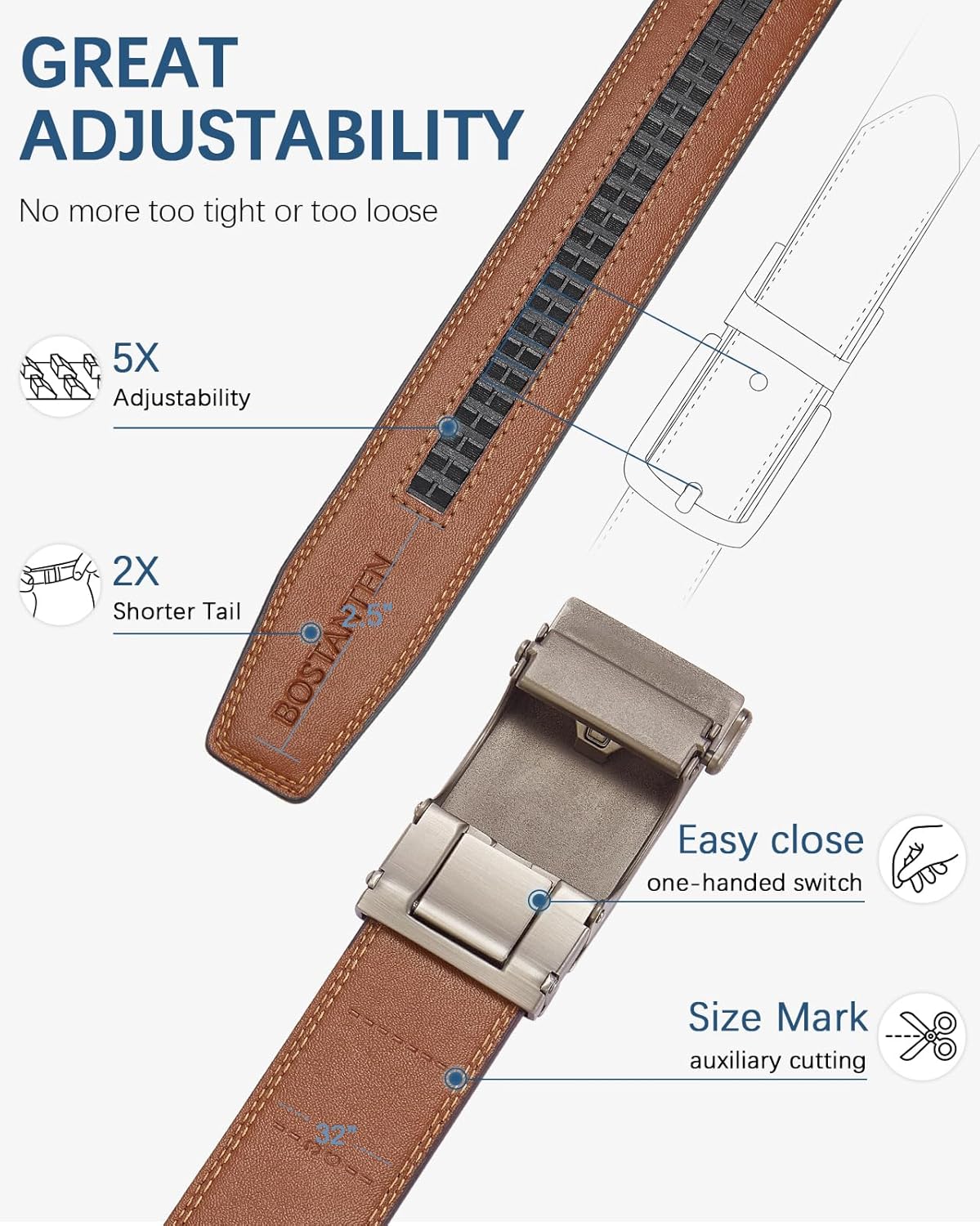 Mens Belt Leather Ratchet Belt For Men Dress and Casual with Adjustable Buckle, Trim to Fit (36"-42" Waist Adjustable)