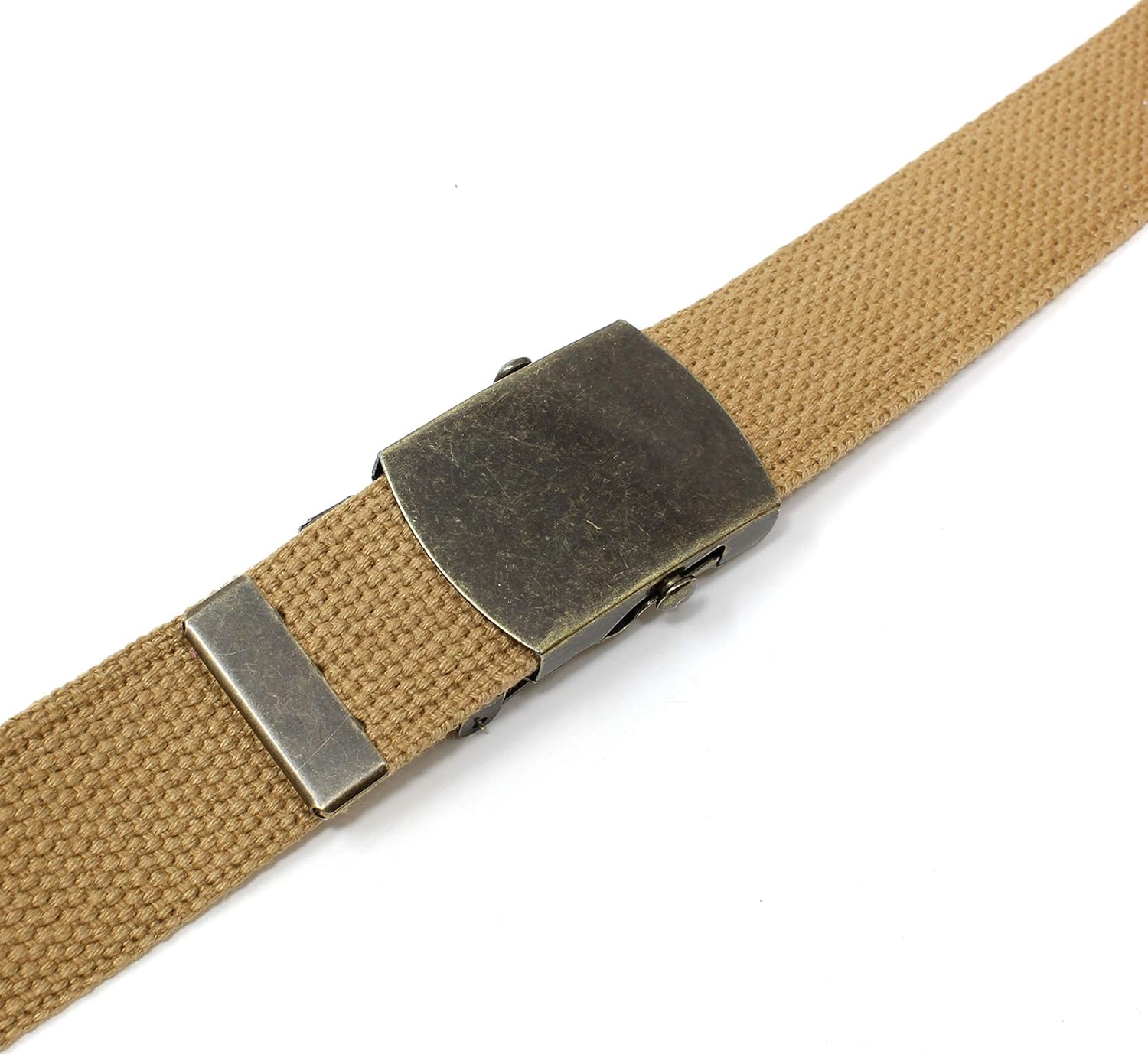 Canvas Web Belt Military Style with Antique Brass Buckle and Tip 50" Long, Light Brown