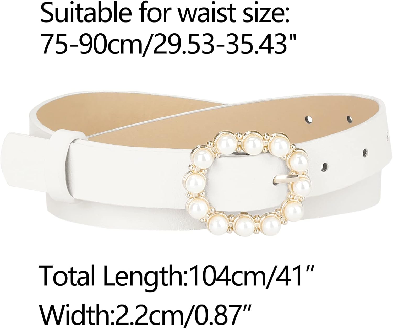 Pearl Waistband Skinny Leather Adjustable Pin Buckle Belt for Jeans Dresses Pants, White
