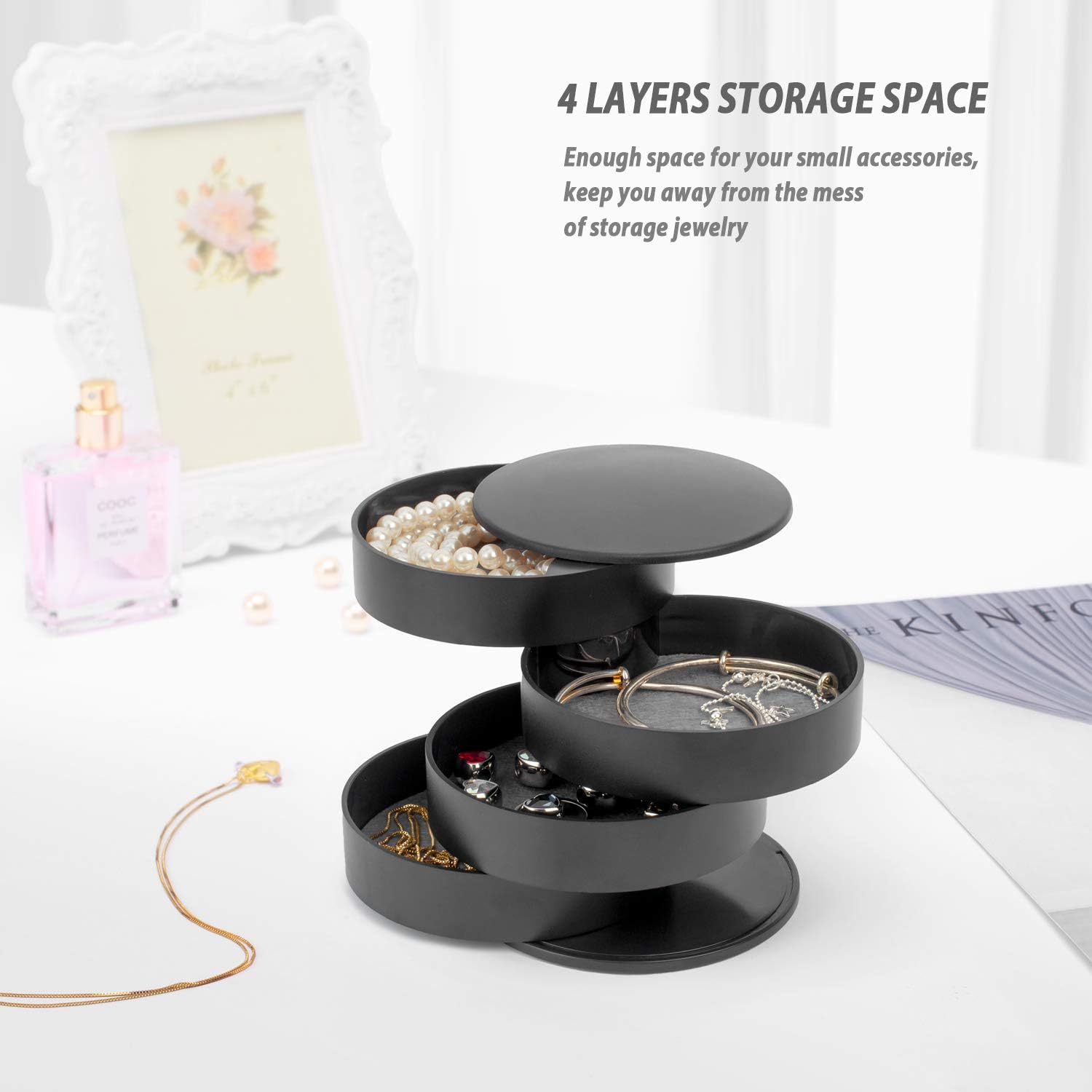 Jewelry Storage Box 4-Layer Rotatable Jewelry Accessory Storage Tray with Lid for Rings Bracelets