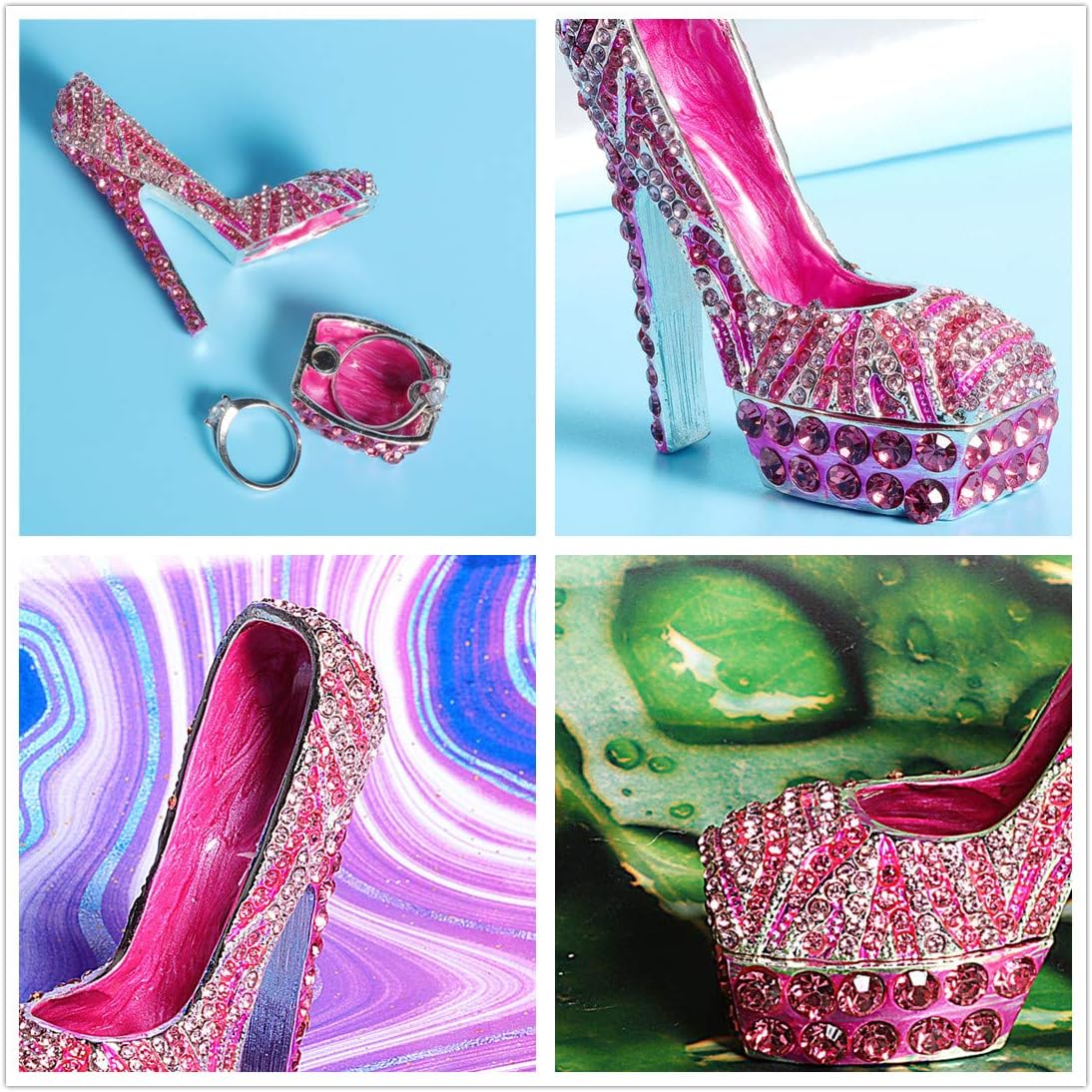 Pink diamond leopard high heels Trinket Box Hinged Hand-painted Figurine Collectible Ring Holder
