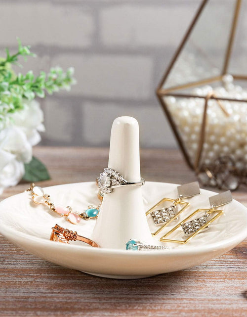 Load image into Gallery viewer, Decorative White Ceramic Ring Tray for Jewelry, Ring Cone and Trinket Tray with Raised Heart Design
