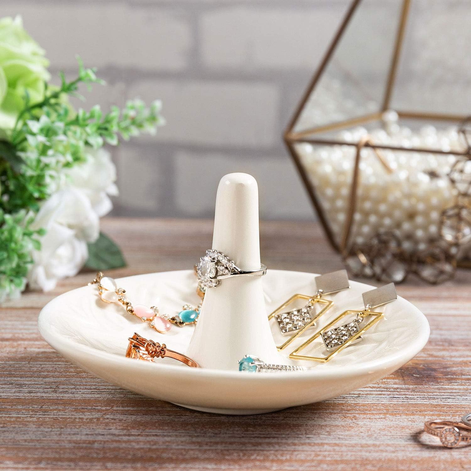 Decorative White Ceramic Ring Tray for Jewelry, Ring Cone and Trinket Tray with Raised Heart Design