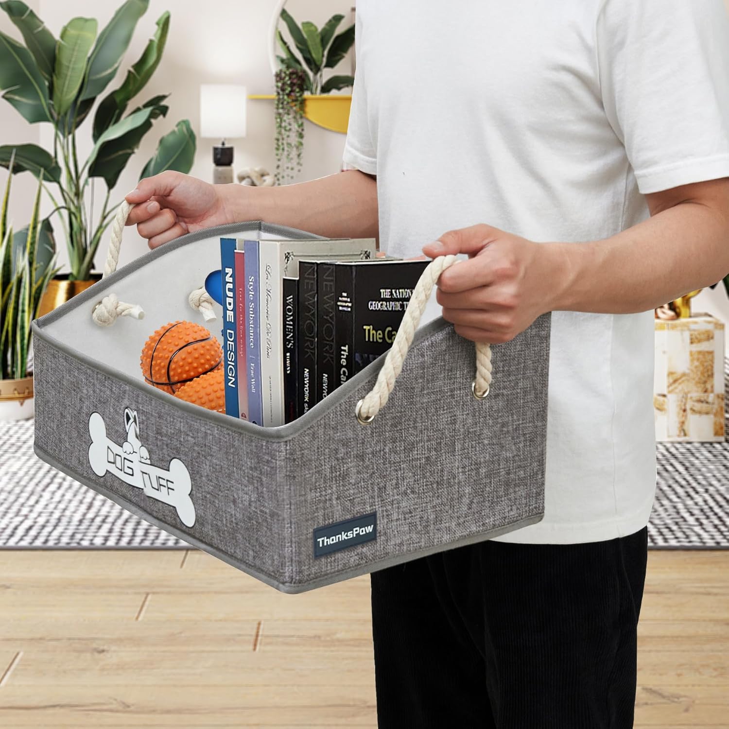 Collapsible Fabric Dog Toy Box and Storage Bin With Handle, Light Grey