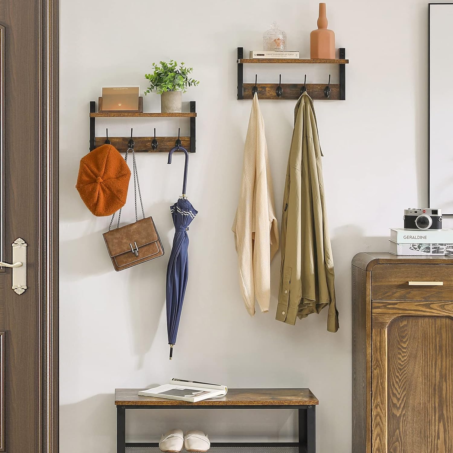 Coat Rack Shelf Wall Mounted, Coat Hooks Set of 2, Entryway Coat Hanger with 8 Hooks, 31.5" Rustic Brown