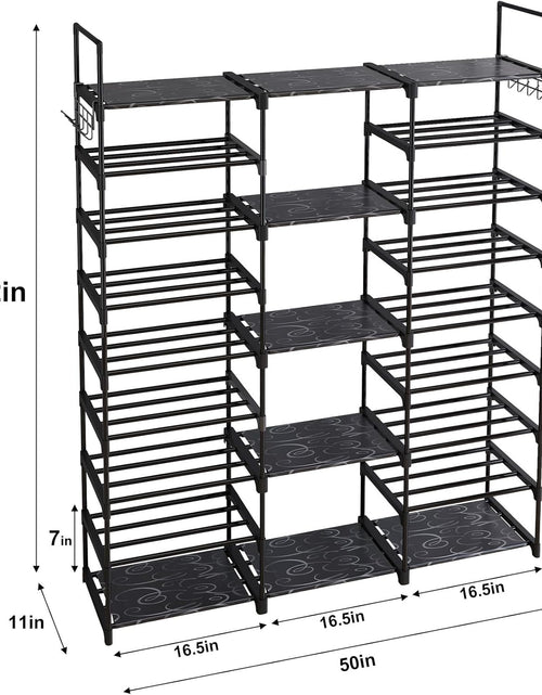Load image into Gallery viewer, 9 Tiers Shoe Rack Organizer, Black, 50-55 Pairs, Stackable Metal Shelf with Hooks for Entryway
