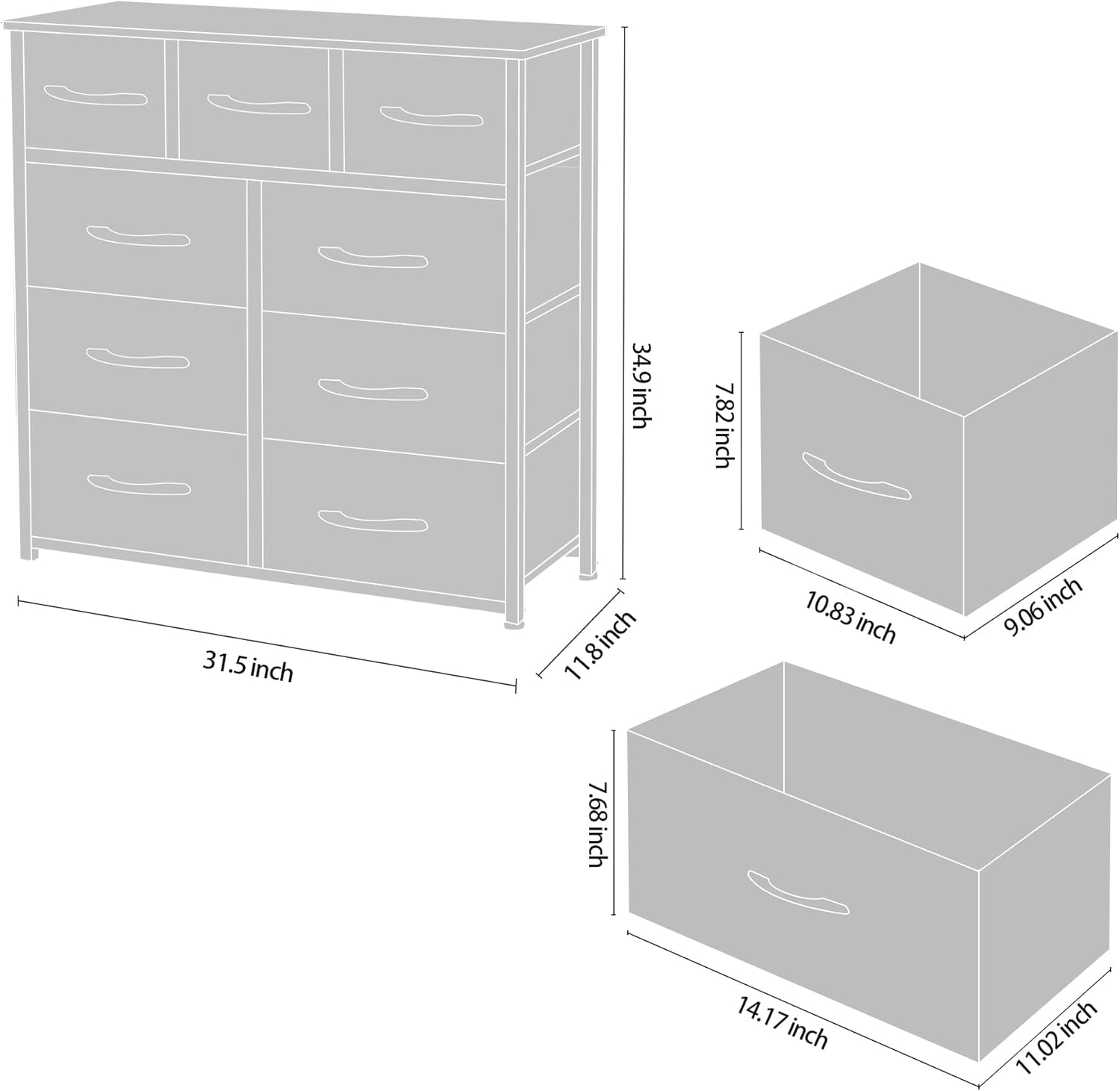 9 Drawer Dresser - Fabric Storage Tower, Organizer Unit for Bedroom, Wooden Top & Easy Pull Fabric Bins, Black