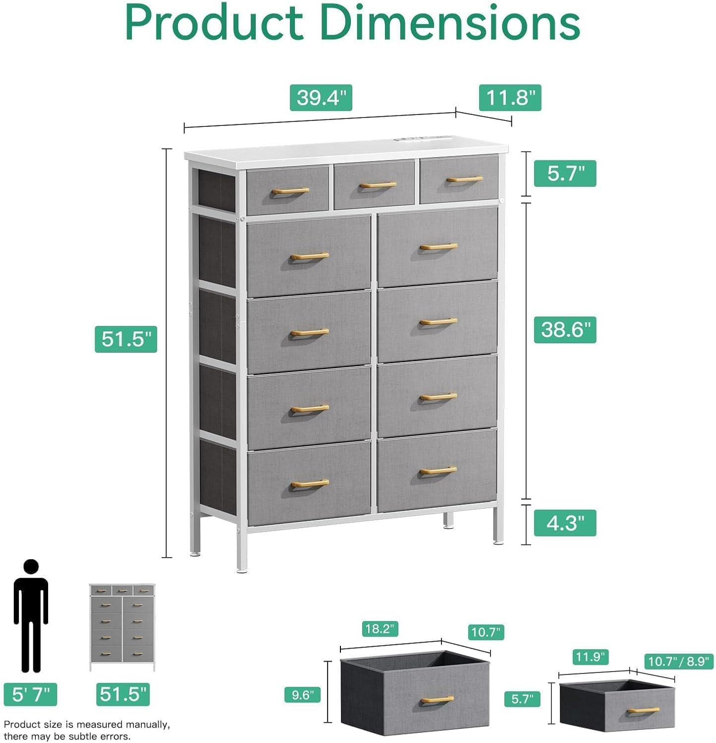 52 Inches Tall Dresser for Bedroom with 11 Storage Drawers, Large Fabric Dressers for Hallway, Light Grey