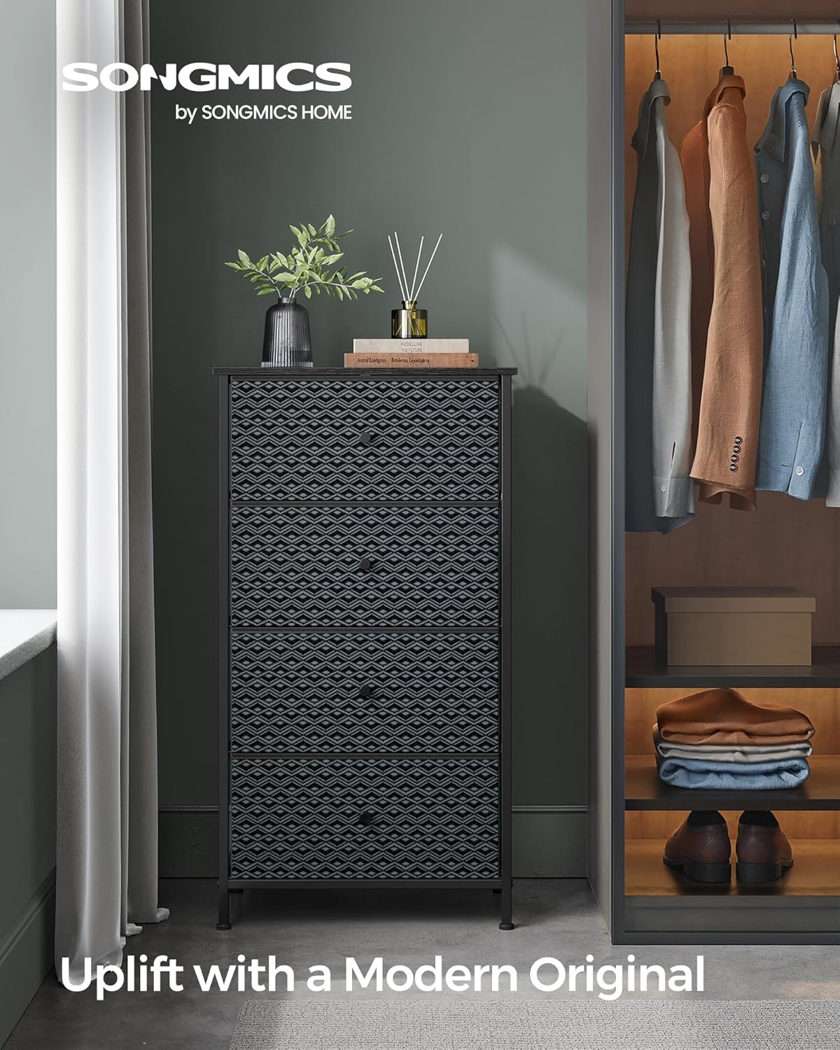 Closet Organizer and Storage Unit with 4 Fabric Drawers, Metal Frame, Ebony Black and Ink Black