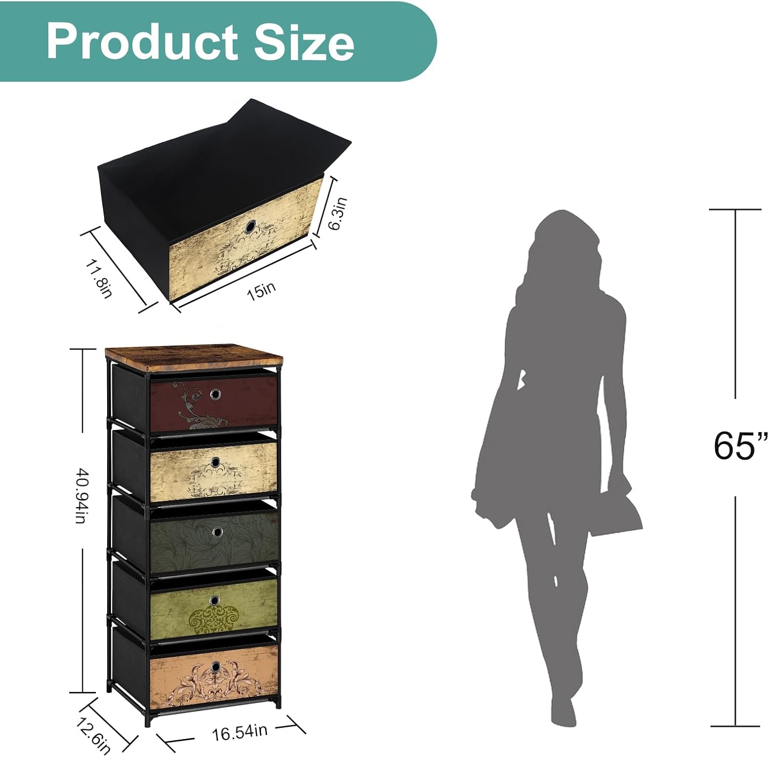 Nightstand with 5 Drawers, Clothes Storage Organizer, Pattern