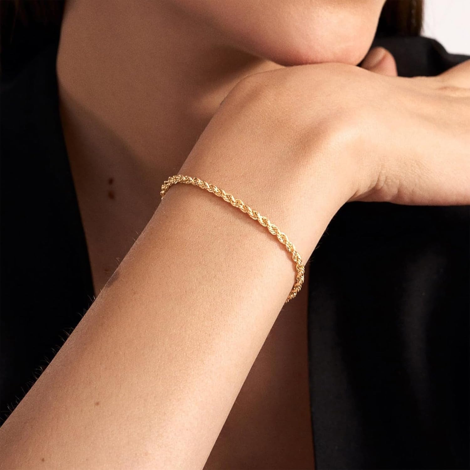 Dainty 14k Gold Plated Bracelet Set Adjustable Simple Love Layered Waterproof Jewelry, Rope