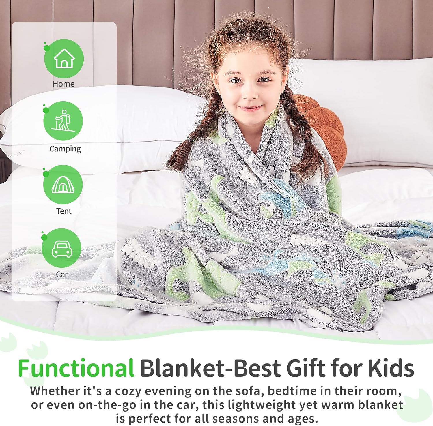 Glow in The Dark Dinosaur Blanket, Cute Blanket for Kids Toddlers Girls Boys, Grey Dinosaur